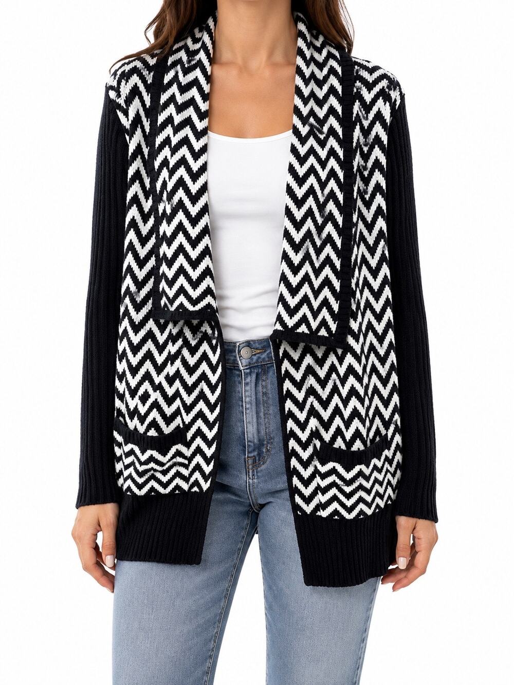 CHICO’S Black White Chevron Longline Open Front Cardigan Sweater Size 1 Medium